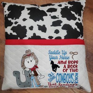 Cow Print Cowboy Reading Book Pocket Pillow 16"x16"